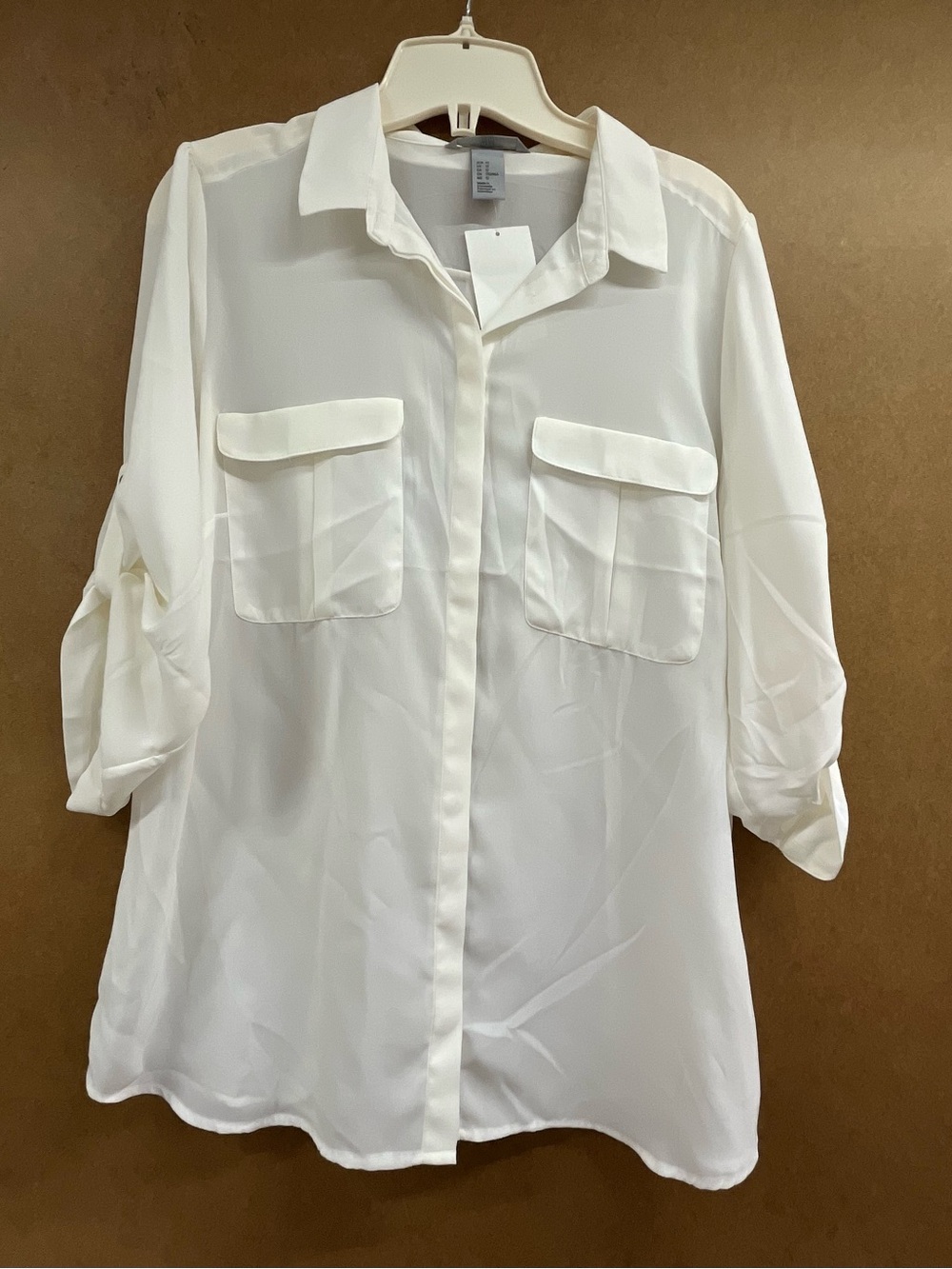 H&M White Semi-Sheer Button Down Shirt with Front Pockets